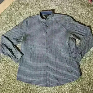 John Varvatos Luxe Button Up Shirt 2XL XXL Blue White Plaid Long Sleeve Cotton